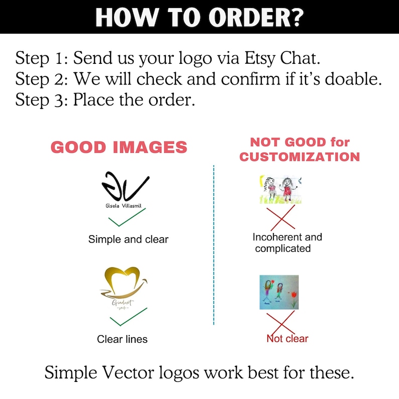 May include: A guide with the text "HOW TO ORDER?" detailing the process of ordering a custom logo via Etsy Chat. It provides examples of suitable and unsuitable images, highlighting the importance of clear vector logos.