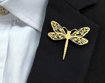 Dragonfly Lapel Pin Stainless Steel 18K Gold Plated Brooch, Silver Dragonfly Suit Pin, Nature Jewelry Gift for Her Him Wedding Accessory