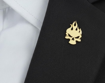 Flame Skull Lapel Pin for Men – Stainless Steel Punk Brooch | Fashion 18K Gold Pin