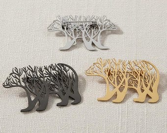 Polar Bear Brooch Pin Stainless Steel Gold Plated 18K | Hollow Tree Bear Lapel Pin | Animal Jewelry Gift for Him | Nature Wildlife Pin Badge