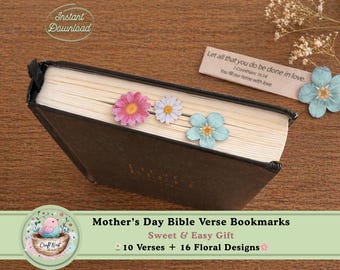 Mother’s Day Bookmark Printable | Bible Verse Gift for Mom | Sunday School Craft | 16 Watercolor Flowers + 10 Message Strips | Kids DIY