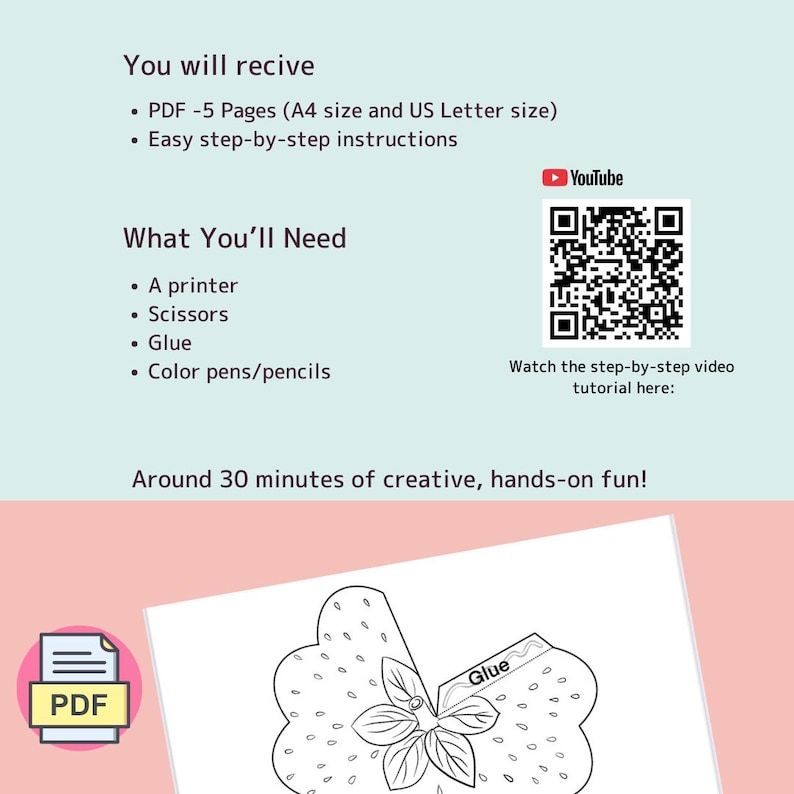 Puede incluir: Un proyecto de manualidades en PDF imprimible con instrucciones. La imagen incluye una lista de los materiales necesarios: una impresora, tijeras, pegamento y l&aacute;pices de colores. El texto tambi&eacute;n menciona que el proyecto dura unos 30 minutos e incluye un c&oacute;digo QR para un tutorial en v&iacute;deo.