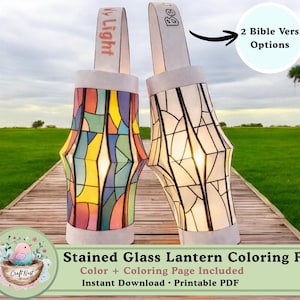 May include: Two paper lanterns with stained glass designs. One lantern features a colourful abstract pattern, while the other has a white and black geometric design. The lanterns have handles with text that reads "My Light" and "Be". The image also includes the text "Stained Glass Lantern Coloring Pages".