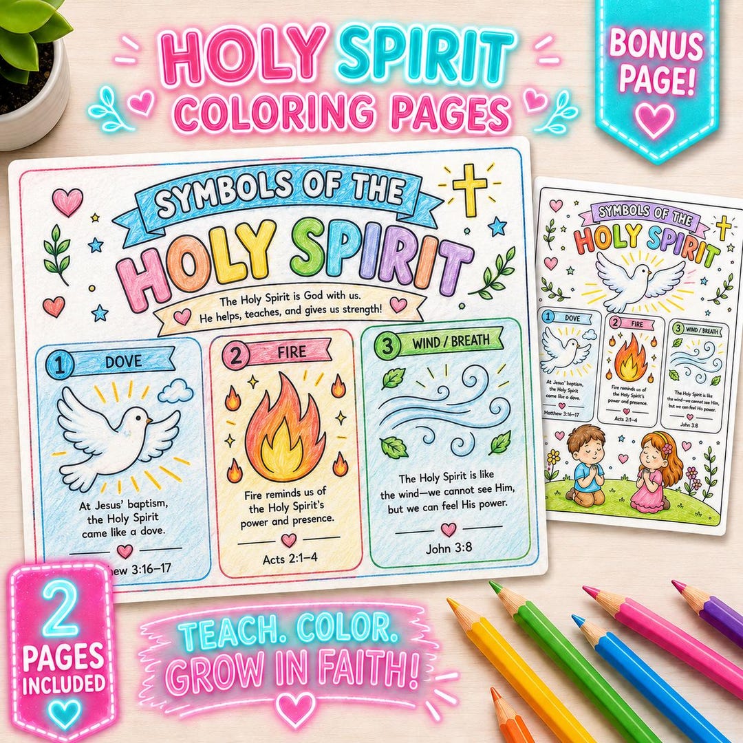 Symbols of the Holy Spirit Coloring Page, Pentecost Printable for Kids ...