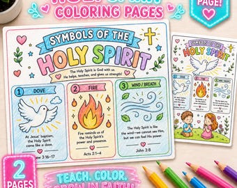 Symbols of the Holy Spirit Coloring Page, Pentecost Printable for Kids, Sunday School Activity, Confirmation Class