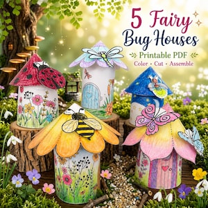 Puede incluir: Cinco casas de hadas para insectos hechas de papel con diseños coloridos dibujados a mano, incluyendo una mariquita, libélula, abeja, luciérnaga y mariposa. Las casas son cilíndricas con techos cónicos, decoradas con flores, puertas e insectos. El texto dice 5 Fairy Bug Houses Printable PDF Color Cut Assemble.
