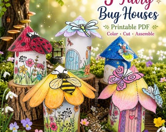 Casitas de hadas de insectos de verano para imprimir: mariposa, mariquita, luciérnaga, libélula, abeja. Manualidad para colorear en PDF.