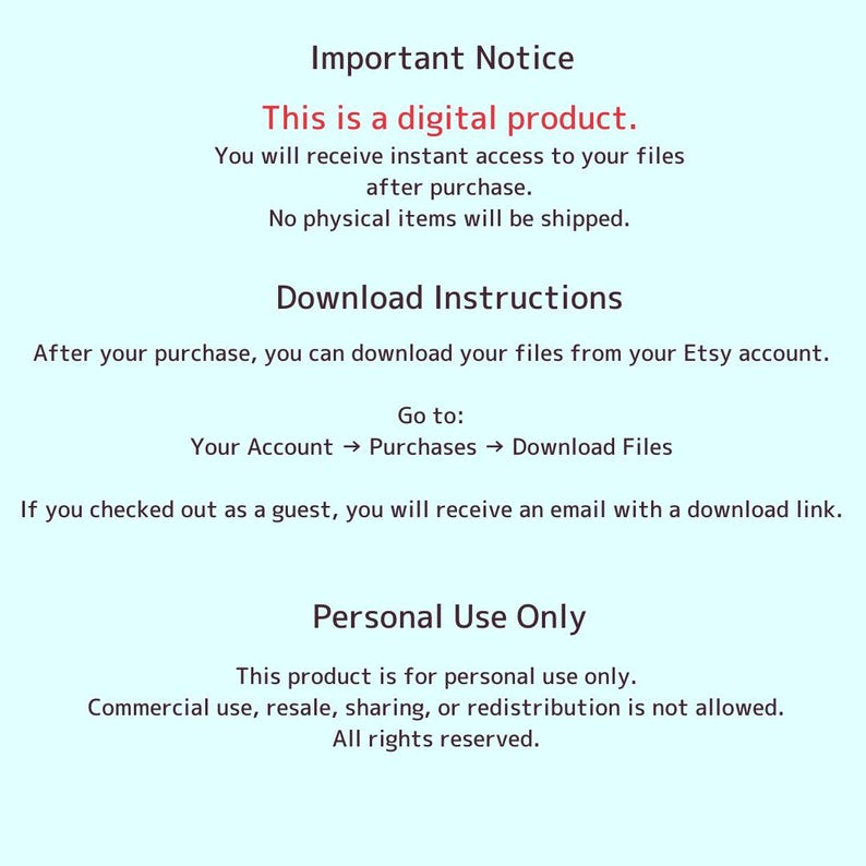 Puede incluir: Un aviso azul claro con texto negro que detalla informaci&oacute;n sobre productos digitales. El texto incluye "Aviso importante", "Este es un producto digital" e instrucciones de descarga. Tambi&eacute;n indica que el producto es solo para uso personal.
