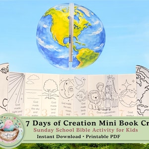 Puede incluir: Un proyecto de manualidades colorido con un globo terráqueo y un mini-libro que ilustra los 7 Días de la Creación. El globo es azul, amarillo y verde. El mini-libro tiene dibujos lineales de la historia de la creación. El texto dice "7 Days of Creation Mini Book Craft".