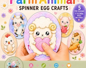 5 animales de granja con ojos móviles para imprimir / Manualidad fácil de recortar en círculos para niños / Actividad DIY divertida para preescolares / Descarga instantánea