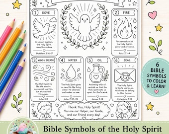 Symbols of the Holy Spirit Coloring Page Printable | Bible Activity for Kids | Sunday School Worksheet