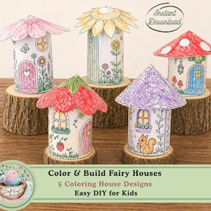 Casetta delle fate stampabile, set di case delle bambole da colorare, 5 casette fai da te a forma di fungo e fiore, attività per bambini, download digitale