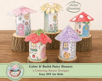 Printable Fairy House Craft, Coloring Paper Dollhouse Set, 5 DIY Mushroom & Flower Houses, Kids Activity, Digital Download