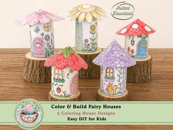 Printable Fairy House Craft, Coloring Paper Dollhouse Set, 5 DIY Mushroom & Flower Houses, Kids Activity, Digital Download