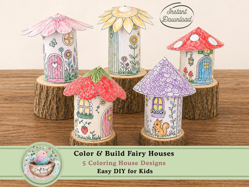 Puede incluir: Cinco casas de hadas de papel de colores con dise&ntilde;os de techo &uacute;nicos, incluyendo una flor, una seta y una fresa. Cada casa est&aacute; decorada con puertas, ventanas y detalles florales, sobre bases de madera. El texto dice "Color & Build Fairy Houses" y "Easy DIY for Kids."