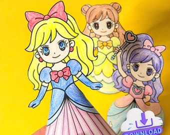 Crea muñecas de papel de princesas para niños, páginas para colorear, descarga digital.