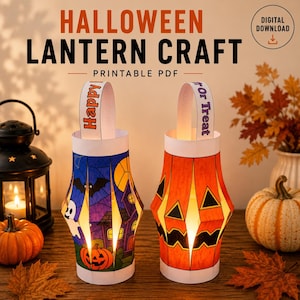 May include: Two paper lanterns for a Halloween craft project, one featuring a ghost, bat, and pumpkin design, and the other a jack-o'-lantern face. The handles are printed with the text Happy and Or Treat. This is a digital download printable PDF.