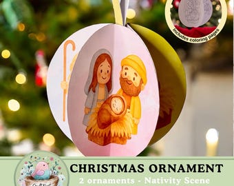 May include: A Christmas ornament featuring a Nativity scene illustration. The ornament is a sphere with a pink background and a drawing of Mary, Joseph, and baby Jesus. Includes coloring pages. The text reads "CHRISTMAS ORNAMENT".