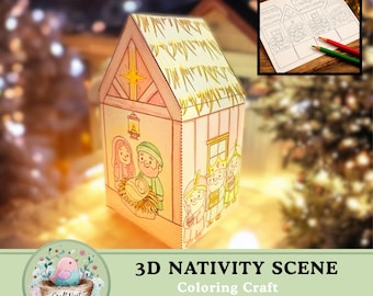 3D Nativity Scene Paper House - Printable Christmas Coloring Craft for Kids