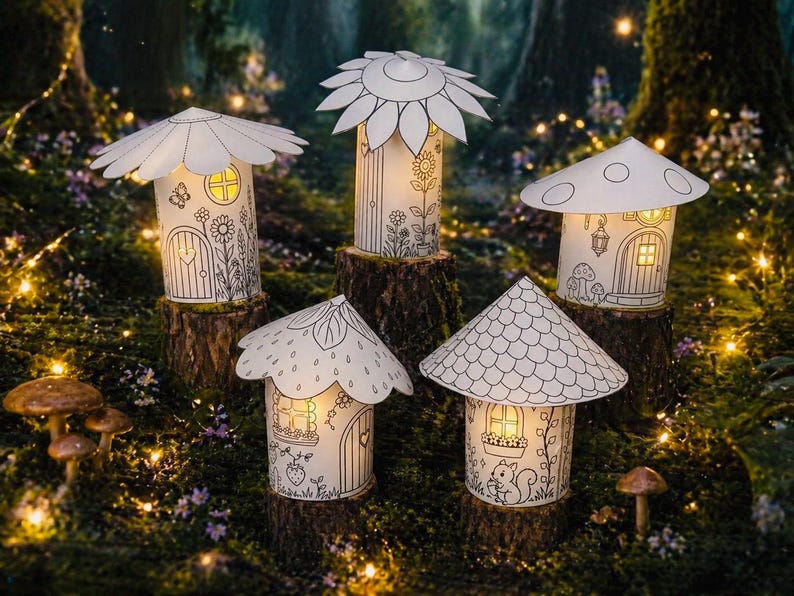 Puede incluir: Cinco faroles iluminados con forma de casa de hadas, con varios dise&ntilde;os de tejados, incluyendo una margarita, una seta y bordes festoneados. Cada casa presenta detallados dibujos lineales de puertas, ventanas y motivos florales o de bosque. Los faroles est&aacute;n sobre tocones de madera.