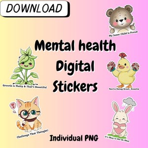 Boostez votre humeur avec des autocollants imprimables sur la santé mentale - affirmations positives et animaux mignons pour le scrapbooking, png, affirmations de thérapie