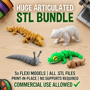 May include: A collection of five 3D printed articulated animal figures including a gold lizard, white bear, gray slug, green crocodile, and brown dog. Text reads: HUGE ARTICULATED STL BUNDLE, 5x FLEXI MODELS | ALL .STL FILES, PRINT-IN-PLACE | NO SUPPORTS REQUIRED, COMMERCIAL USE ALLOWED.