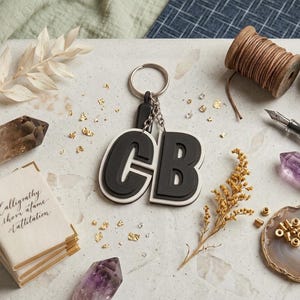 Puede incluir: Un llavero en blanco y negro con las letras "CB" es el punto focal de la imagen. Está rodeado de cristales, un pequeño cuaderno con caligrafía y otros elementos decorativos. La estética general es artística y elegante.