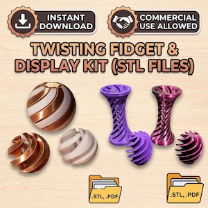 Könnte beinhalten: Ein digitales Produktangebot für ein Twisting Fidget & Display Kit (STL-Dateien) mit 3D-gedruckten Objekten, darunter kugelförmige Fidgets mit kupferfarbenen und weißen Spiralmustern sowie violette und magentafarbene gedrehte Ständer.