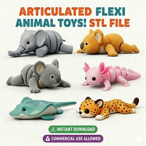 Op de afbeelding: Articulerende flexi dierenspeelgoed in grijs, geel, roze en turquoise. De speelgoed omvat een olifant, koala, axolotl, pijlstaartrog en cheetah. Tekst luidt "ARTICULATED FLEXI ANIMAL TOYS! STL FILE". Bevat downloadpictogrammen.