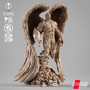 May include: A detailed, beige-colored statue of a muscular figure with large feathered wings, holding a shield. The figure stands atop a base with skulls and other details. The statue is labeled as 1/6 scale and pre-supported. The text "B3DSERK" is visible.
