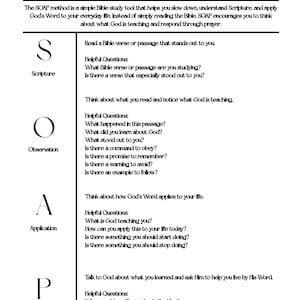 May include: A black and white instructional document titled How To Study The Bible Using The SOAP Method. It outlines four steps: Scripture, Observation, Application, and Prayer, each accompanied by specific helpful questions for Bible study.