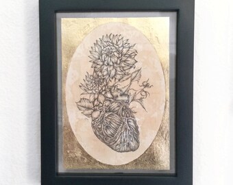 ONLY 1 LEFT - Sacred Heart Metallic Gold Leaf Tea Stained 5x7 Floral Anatomical Art Print Free shipping to usa customers