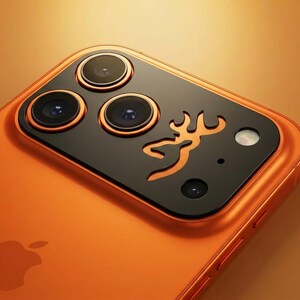 May include: A bright orange smartphone featuring a black camera module with three circular lenses and a metallic orange Browning buckmark logo cutout. The device displays the Apple logo on the rear casing and includes a small circular flash unit.