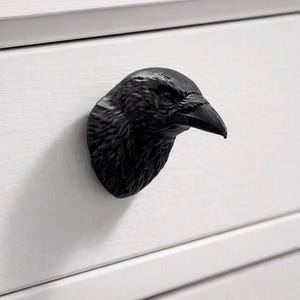 May include: A matte black cabinet knob shaped like the head of a raven, featuring detailed feather textures and a sharp beak. The bird head is mounted onto a flat, white, horizontal surface, serving as a functional handle for a drawer or door.