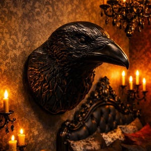 May include: A black raven head wall mount sculpture featuring detailed feather textures and a sharp, curved beak. The raven is depicted in profile, facing toward the right, with a smooth, dark finish that captures light along its form.