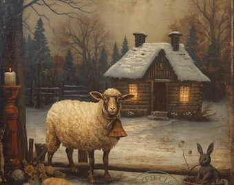 Primitive Winter Sheep Cottage| Original Print Folk Art Print Vintage Folk Art Decor 8 x 10 unframed