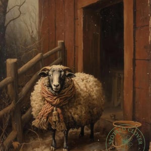 May include: A painting of a sheep wearing a rust-colored scarf with a bell, standing in front of a red barn door. The sheep has a black face and legs, with a fluffy, cream-colored body. A wooden fence and bare tree branches are in the background.