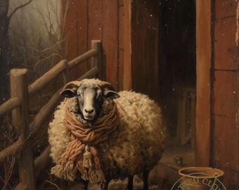 Primitive Sheep Art Print | Winter Farmhouse Folk Art (8x10)