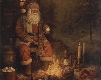 May include: A vintage illustration depicts Santa Claus roasting a marshmallow over a campfire. He is wearing a red suit, hat, and scarf. A lantern, candles, and a cabin are in the background. The image has a warm, inviting feel.