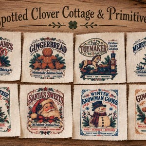 May include: Twelve square fabric patches featuring vintage-style Christmas illustrations and text including Christmas Post, Candy Canes, Gingerbread, The Toymaker, Merry Christmas, Candlelight, Winter Woolens, Christmas Tree Market, Santa's Sweets, Winter Snowman Goods, and Christmas Candy Co.