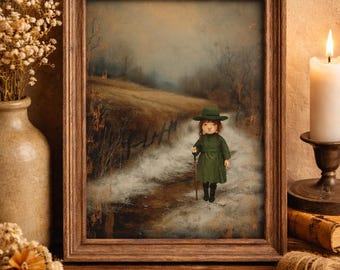 Primitive Girl Art Print 5x7 | Early Americana Folk Illustration Unframed