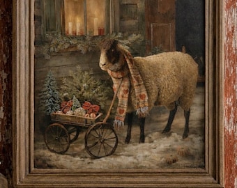Primitive Sheep Print | Valentine Heart Scarf, Americana Wall Art