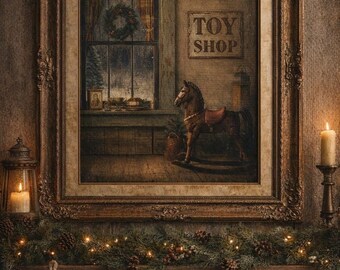 May include: A framed painting of a toy shop scene with a rocking horse, displayed above a wooden mantel decorated with a garland, pinecones, and a knitted stocking. Lit candles and a lantern add warmth to the cozy, vintage-themed setting.