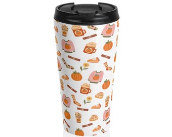 Taza de viaje de acero inoxidable con diseño de calabaza especiada / Termo para café de otoño