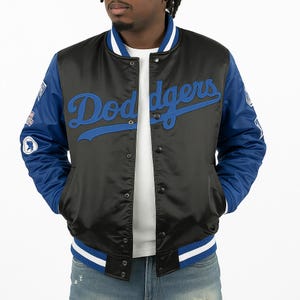 Los Angeles Dodgers Varsity Jacket Black Royal Blue | Satin Bomber Jacket | LA Baseball Jacket Men’s Streetwear Gift Dodgers Letterman Coat