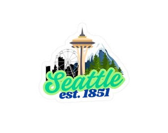 Seattle skyline sticker Kiss-Cut Vinyl Decal | Space Needle, mountains, est. 1851