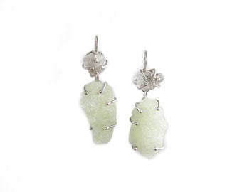 Enchanting Green Gemstone Earrings with Raw Aquamarine and Herkimer Diamond