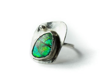 Gorgeous Ammonite Gemstone Ring, Recycled Sterling Silver, Colorful Spectral Beauty, Size 6