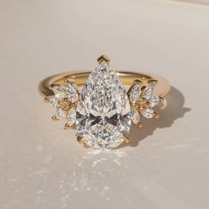 4.00 Carat Pear Cut Lab Grown Diamond with Cluster Marquise Stones Engagement Ring, E-VVS, 14k, 18K, Platinum, IGI Certified, Free Engraving