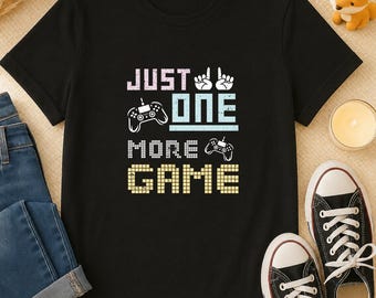 Just One More Game Tee | Gamer Controller Retro Pixel Design, Funny Unisex Shirt Gift, Cute Distressed Gaming Apparel, Gaming Hobby